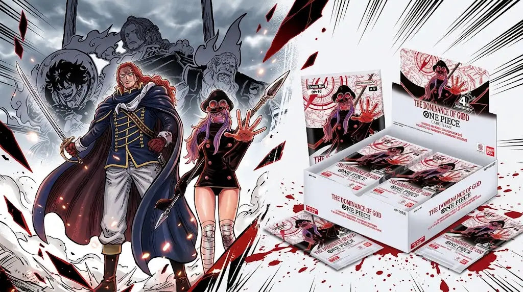 One Piece Card Game OP-18 The Dominance of God key art showing the booster box and packs beside two armed characters in red and white manga-style artwork