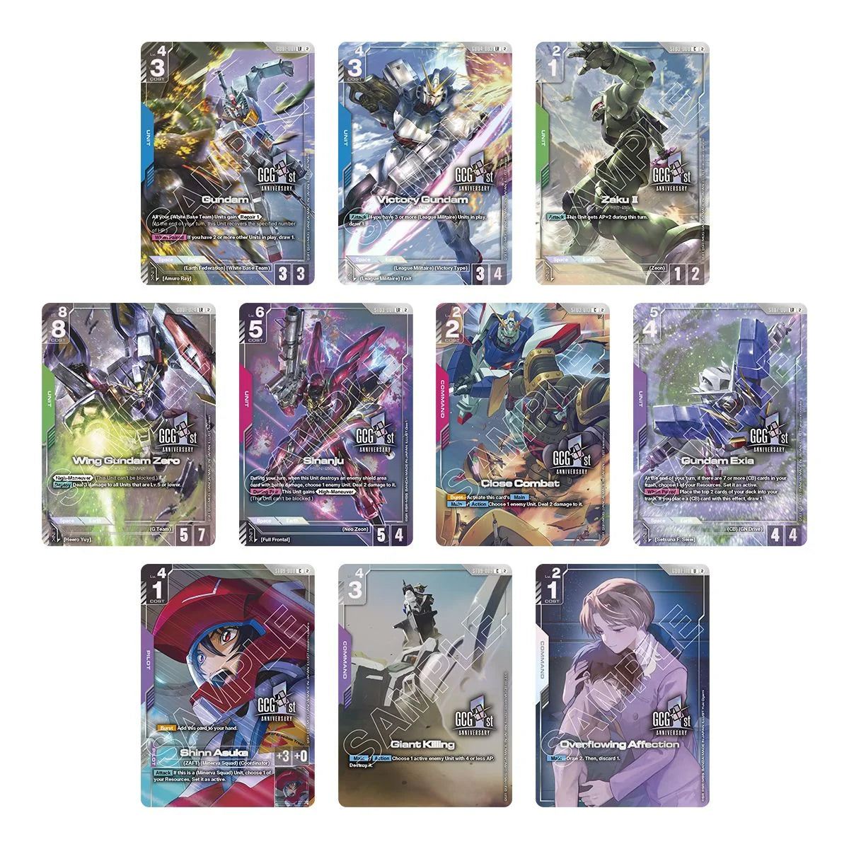 Gundam Card Game 1st Anniversary Set PB03 exclusive alternate-art cards featuring Gundam, Victory Gundam, Zaku II, Wing Gundam Zero, Sinanju, Gundam Exia and more
