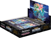 Palworld Official Card Game Dawn of Palpagos Booster Box, featuring four Pals in box art, with 7 cards per pack and 12 packs per box