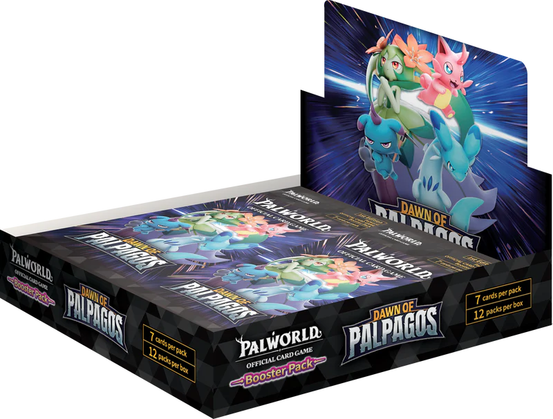Palworld Official Card Game Dawn of Palpagos Booster Box, featuring four Pals in box art, with 7 cards per pack and 12 packs per box