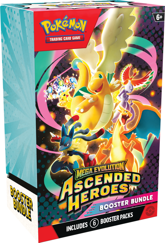 Pokémon TCG Ascended Heroes Booster Bundle packaging featuring Mega Evolution Pokémon artwork