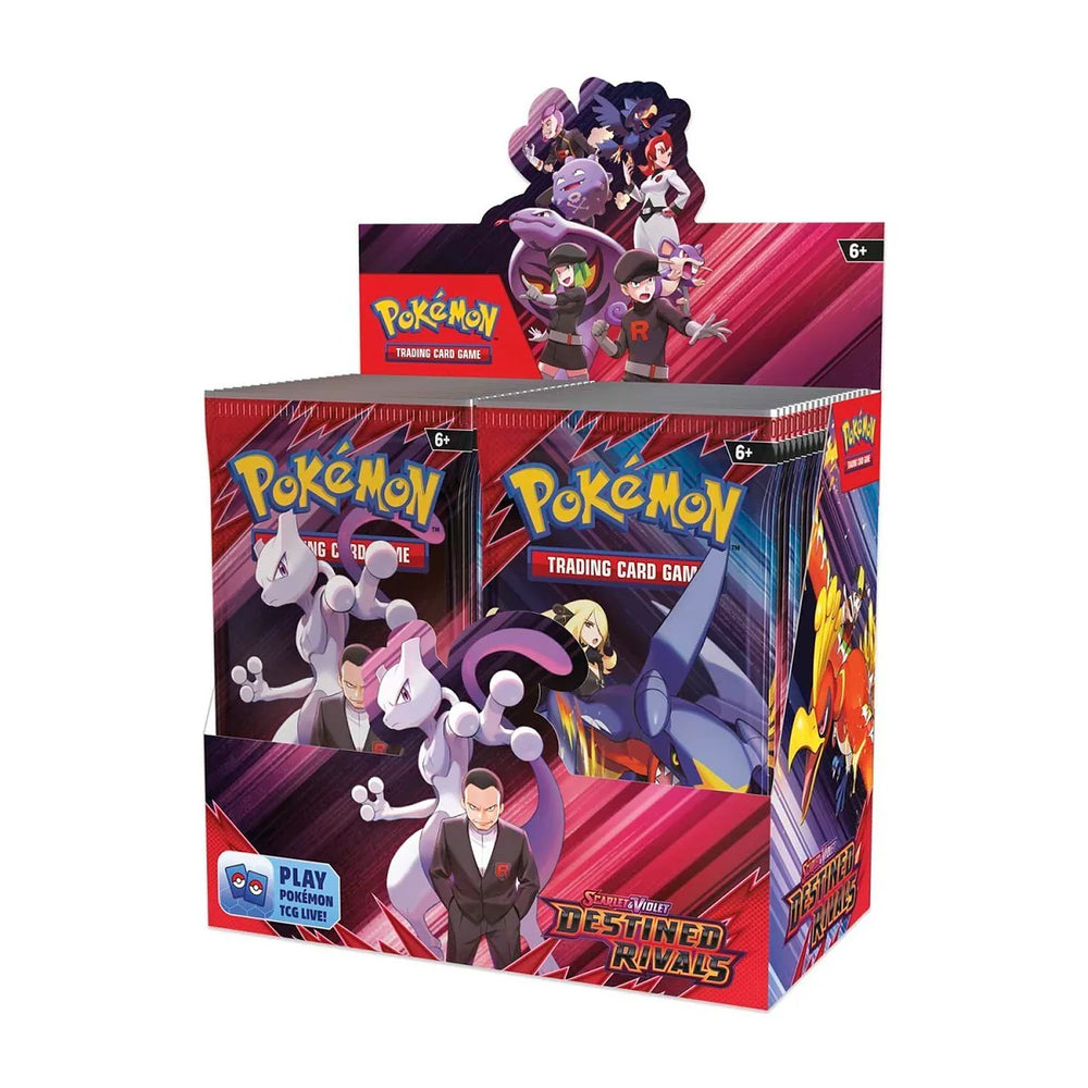 A booster box of Pokémon trading cards featuring characters from the Destined Rivals set.