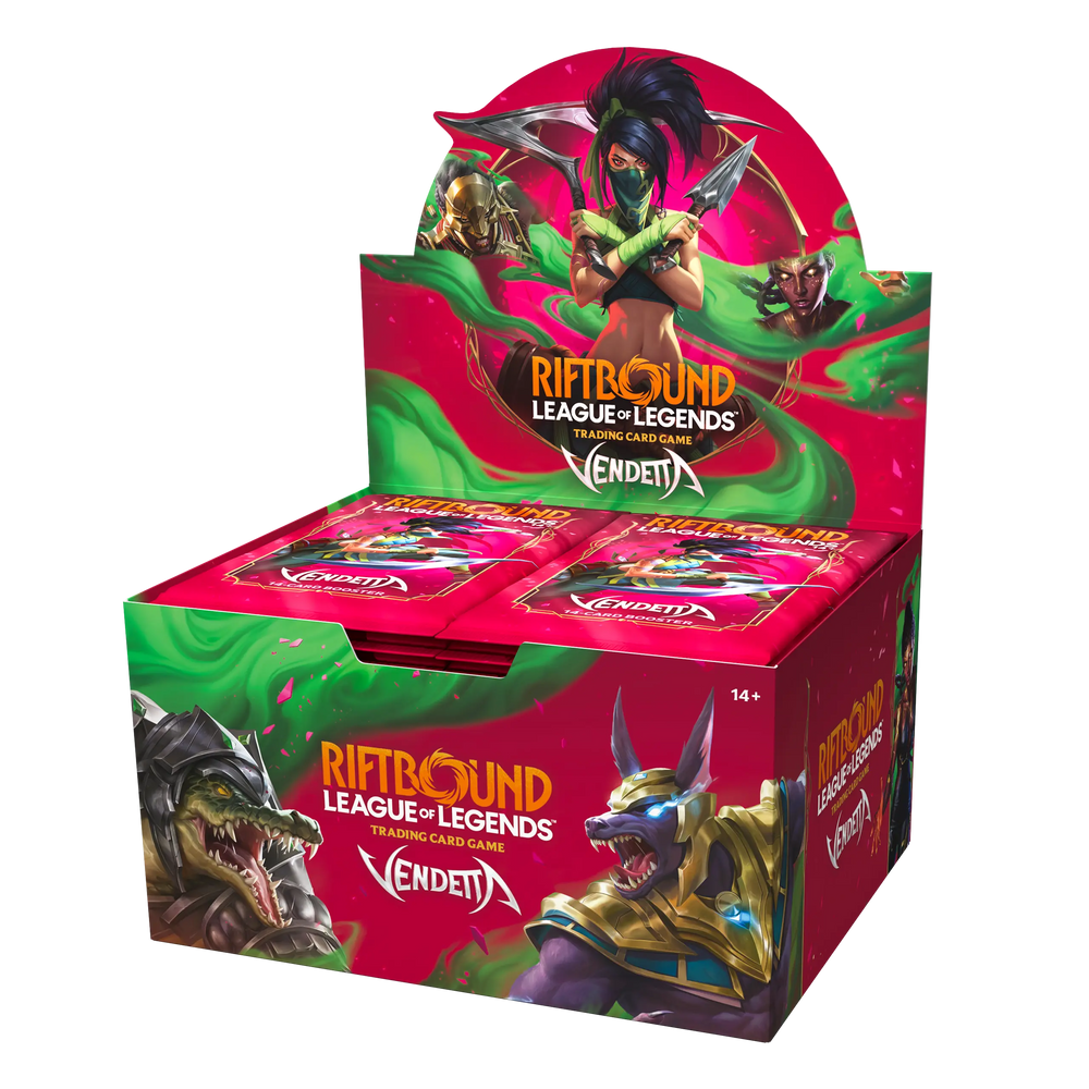 Riftbound League of Legends TCG Vendetta Booster Box display featuring Akali on the front and additional champion art on the side panels
