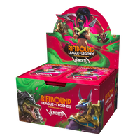 Riftbound League of Legends TCG Vendetta Booster Box display featuring Akali on the front and additional champion art on the side panels
